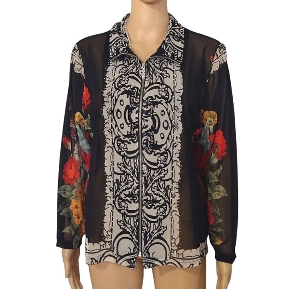 Damee, Inc. Women's Size Large Mesh See Through Long Sleeve Zip Jacket Top